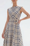 Grey Grid A Line Bateau Neck Asymmetrical Work Dress