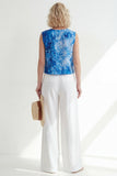2 Piece Blue Printed Round Neck Sleeveless Women Suits