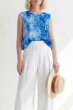 2 Piece Blue Printed Round Neck Sleeveless Women Suits
