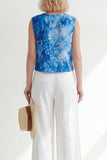 2 Piece Blue Printed Round Neck Sleeveless Women Suits