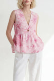 Pink V-Neck One Button 2 Piece Printed Women's Suits