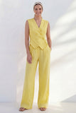 2 Piece Butter Yellow V-Neck Women's Business Suits with Pockets