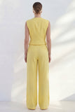2 Piece Butter Yellow V-Neck Women's Business Suits with Pockets