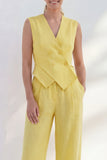 2 Piece Butter Yellow V-Neck Women's Business Suits with Pockets