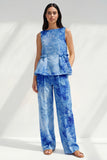 Blue 2 Piece Bateau Neck Printed Business Suits with Pockets