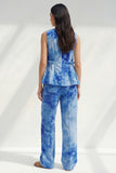 Blue 2 Piece Bateau Neck Printed Business Suits with Pockets