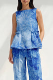 Blue 2 Piece Bateau Neck Printed Business Suits with Pockets