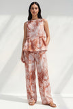 Blue 2 Piece Bateau Neck Printed Business Suits with Pockets