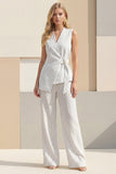 White Striped Shawl Lapel Wide Leg 2 Piece Business Suits with Belt
