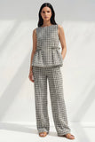 2 Piece Black and White Grid Boat Neck Women Pantsuits