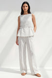 White 2 Piece Boat Neck Striped Women Business Suits