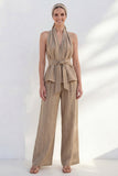 Khaki Halter 2 Piece Striped Linen Business Suits with Belt