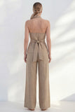 Khaki Halter 2 Piece Striped Linen Business Suits with Belt