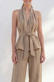 Khaki Halter 2 Piece Striped Linen Business Suits with Belt
