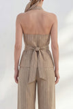 Khaki Halter 2 Piece Striped Linen Business Suits with Belt