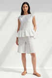 2 Piece White Boat Neck Ruffled Striped Women's Suits with Pockets