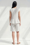 2 Piece White Boat Neck Ruffled Striped Women's Suits with Pockets