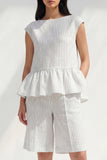 2 Piece White Boat Neck Ruffled Striped Women's Suits with Pockets