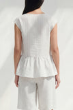 2 Piece White Boat Neck Ruffled Striped Women's Suits with Pockets