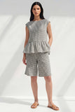 2 Piece Black and White Plaid Boat Neck Women Suits with Ruffles
