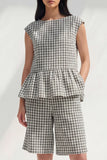2 Piece Black and White Plaid Boat Neck Women Suits with Ruffles