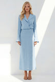 Blue Notched Lapel Long Sleeves 2 Piece Business Dress