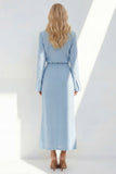 Blue Notched Lapel Long Sleeves 2 Piece Business Dress