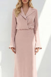 Blue Notched Lapel Long Sleeves 2 Piece Business Dress