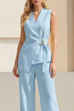 Light Yellow V-Neck 2 Piece Business Suits with Belt