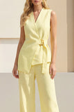 Light Yellow V-Neck 2 Piece Business Suits with Belt