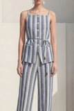 Dusty Blue Stripe Spaghetti Strap Single Breasted Women Suit with Belt