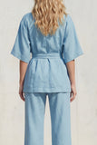 Blue V-Neck Short Sleeves Long Women Suit with Belt
