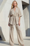 Blue V-Neck Short Sleeves Long Women Suit with Belt