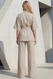 Blue V-Neck Short Sleeves Long Women Suit with Belt