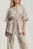 Blue V-Neck Short Sleeves Long Women Suit with Belt