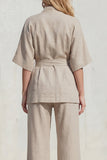 Blue V-Neck Short Sleeves Long Women Suit with Belt