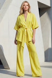 Blue V-Neck Short Sleeves Long Women Suit with Belt