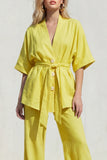 Blue V-Neck Short Sleeves Long Women Suit with Belt