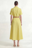 Lemon Yellow A-Line Collar Neck Short Sleeves Midi Work Dress with Belt