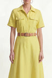 Lemon Yellow A-Line Collar Neck Short Sleeves Midi Work Dress with Belt