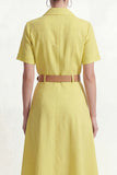 Lemon Yellow A-Line Collar Neck Short Sleeves Midi Work Dress with Belt