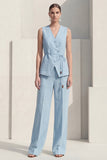 Blue V-Neck Single Breasted Women Suits with Belt