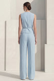 Blue V-Neck Single Breasted Women Suits with Belt