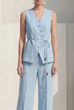 Blue V-Neck Single Breasted Women Suits with Belt