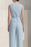 Blue V-Neck Single Breasted Women Suits with Belt