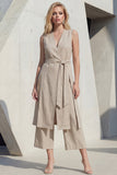 Khaki V-Neck Leisure Women Suit with Belt
