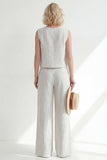 White Crew Neck Stripe Sleeveless Women Suit