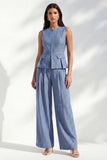 Dark Blue Stripe Round Neck Long Women Pantsuit