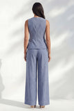 Dark Blue Stripe Round Neck Long Women Pantsuit