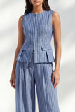 Dark Blue Stripe Round Neck Long Women Pantsuit